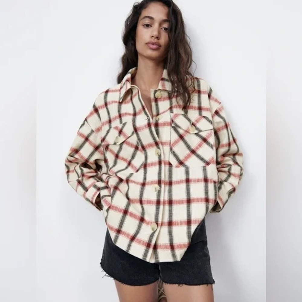 Zara Plaid Overshirt Shacket Cotton Blend Italian Fabric Pockets Boxy Size M